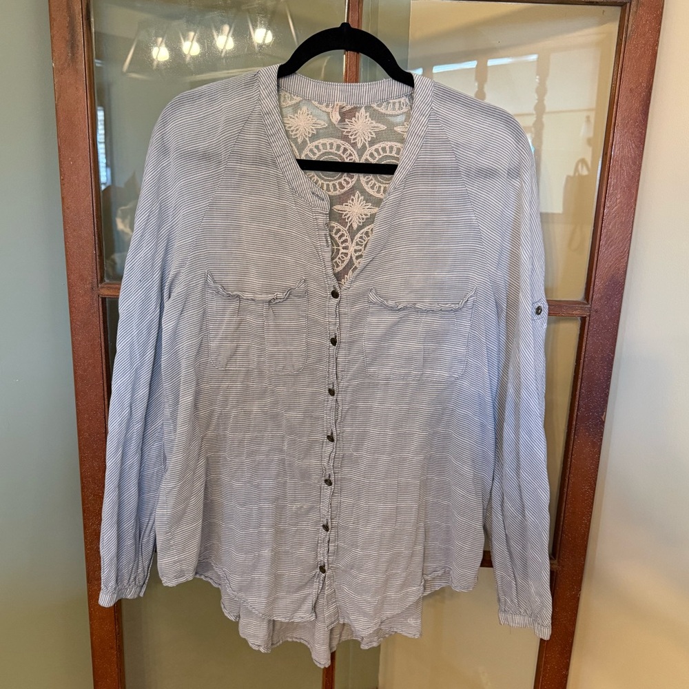 Free People Put Your Back Into It Lace Back Pale Blue Pinstripe Button-Down - S - Picture 2 of 5